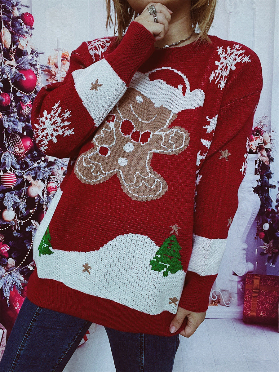 Christmas Sweater Cute Snowman Pattern round Neck Long Sleeve Knitted Pullover Year Sweater