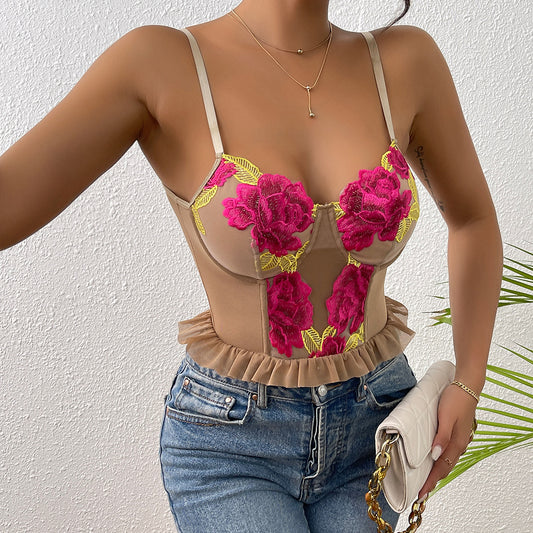 Vêtements spéciaux pour femmes, Camisole Corset désossage avec anneau en acier à volants et fleurs, Design avancé