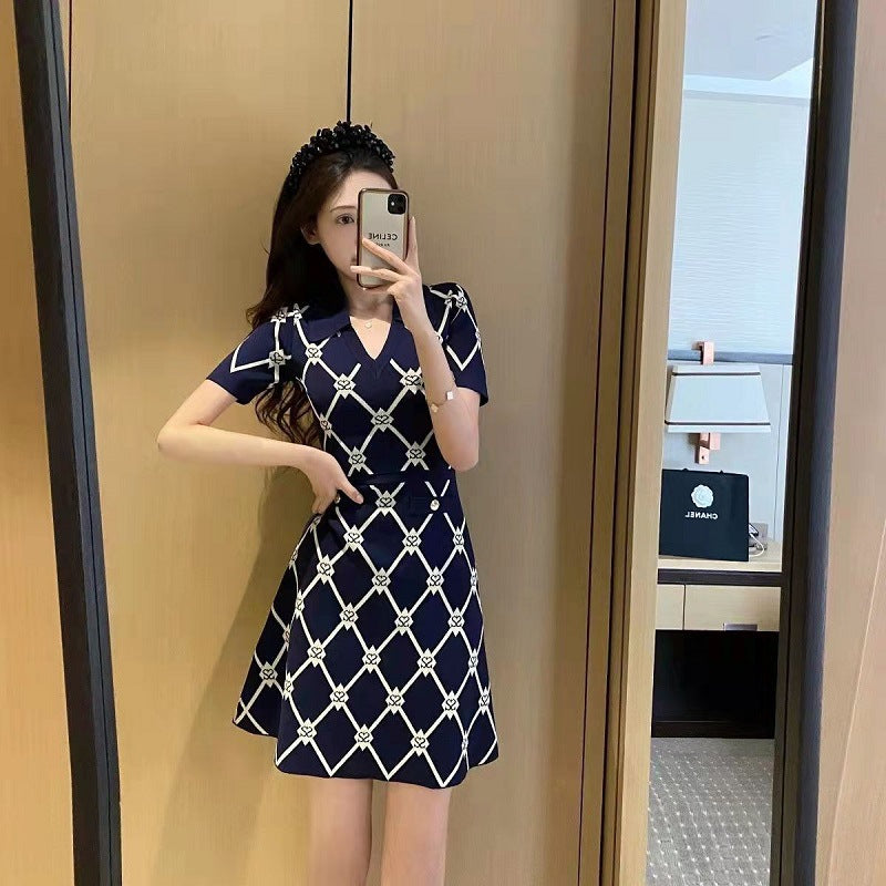 Letter Diamond Plaid Knitted Dress Women's V-neck Short Sleeve A- Line Skirt