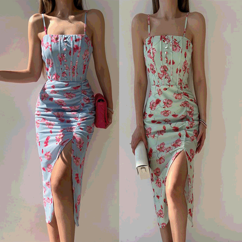 Internet Floral Digital Printing off-Neck Strap Dress