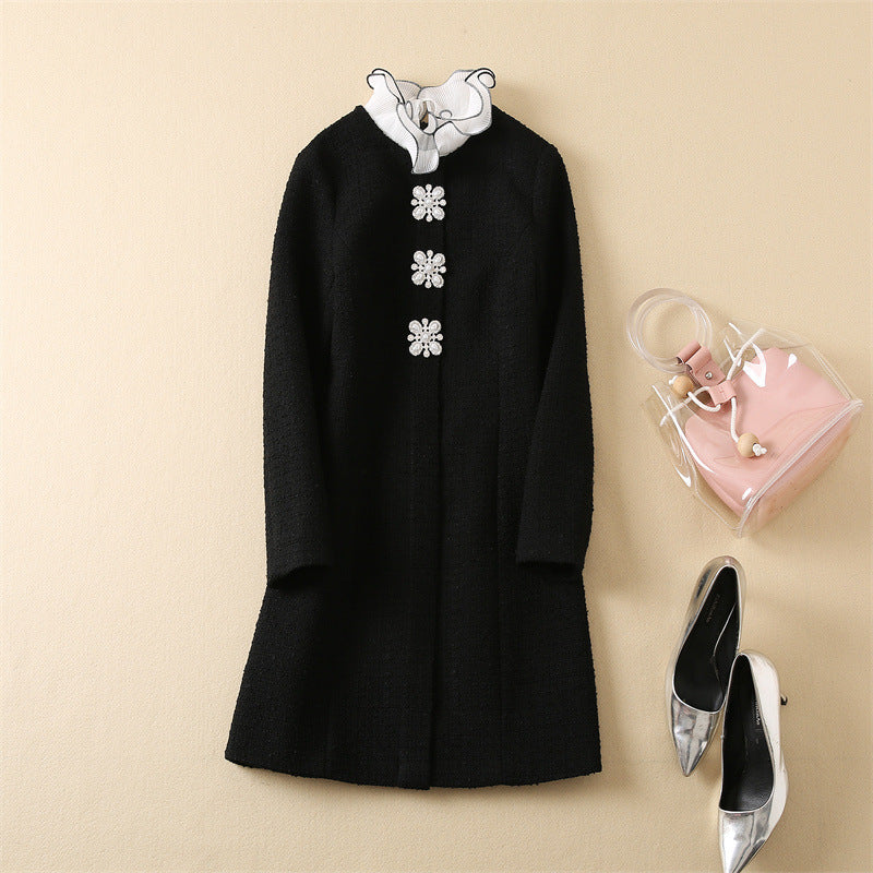 Detachable Fluted Collar Pearl Brooch Slim Long Sleeve Dress