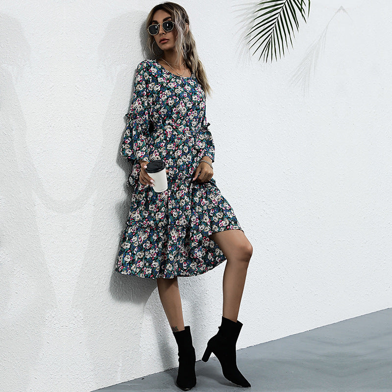 Early Autumn Floral Print Dress Middle East French Romantic Floral Women Clothing