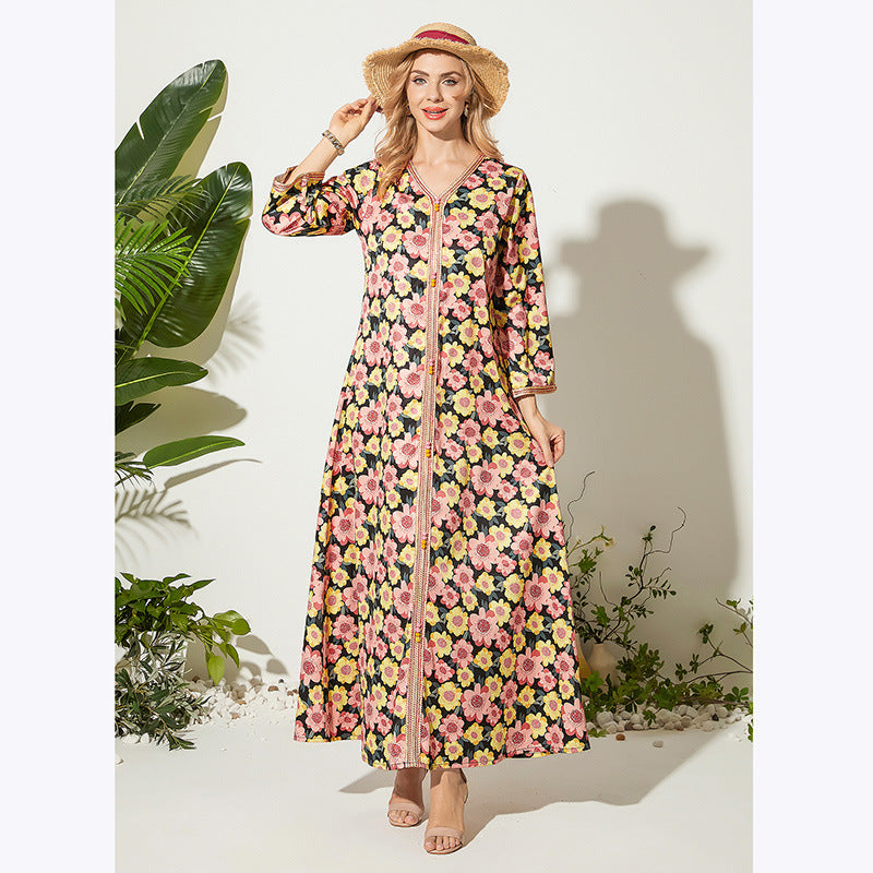 Robe longue de tempérament ample imprimée à col en V