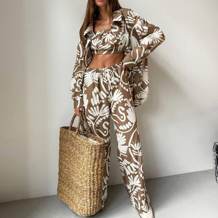 Early Autumn Long Sleeved Shirt Tube Top High Waist Trousers sets Printing Women Wear