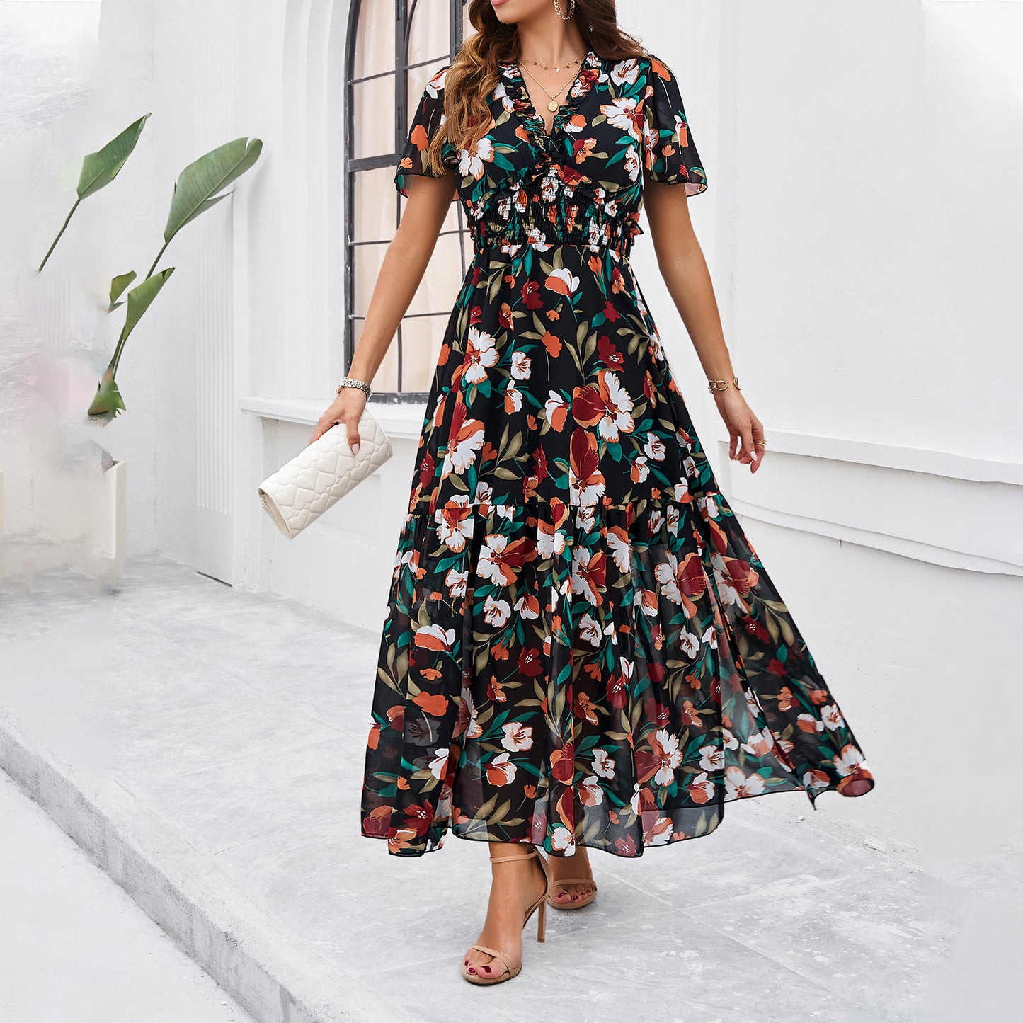 Vestido casual con cintura controlada y estampado para mujer, primavera y verano