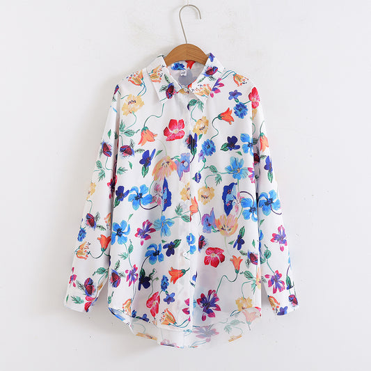 Camisa de manga larga con cuello holgado y estampado floral para mujer