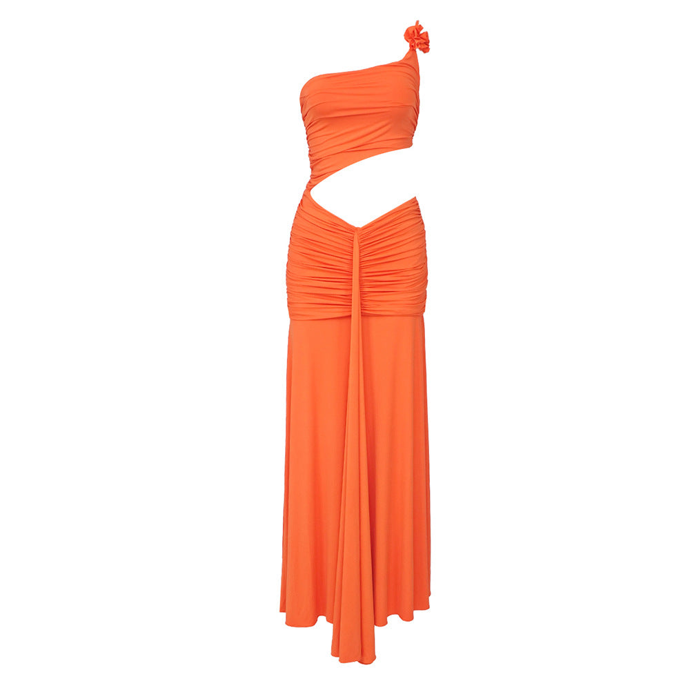 Robe plissée Orange à une épaule, décoration florale, fendue, vêtements pour femmes, automne