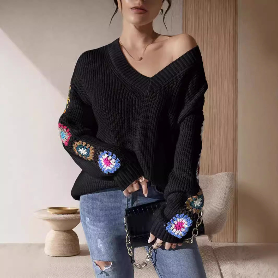 Suéter de punto con cuello en V profundo y hombros descubiertos para mujer, bordado a crochet en los brazos, para otoño e invierno