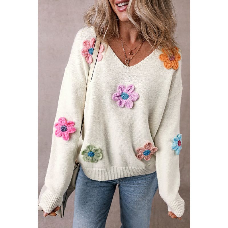 Suéter de cuello en V de crochet con flores de invierno para mujer, prendas de punto divertidas para mujeres jóvenes