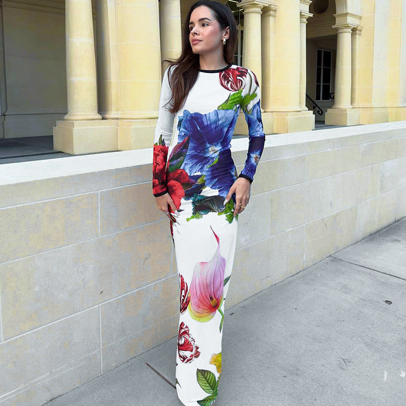 Women Autumn Round Neck Long Sleeve Printed Maxi Dress Dress Women