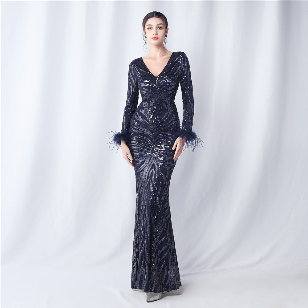 Craft Order Ostrich Feather Positioning Floral Cut Long Sleeve Sequin Evening Dress