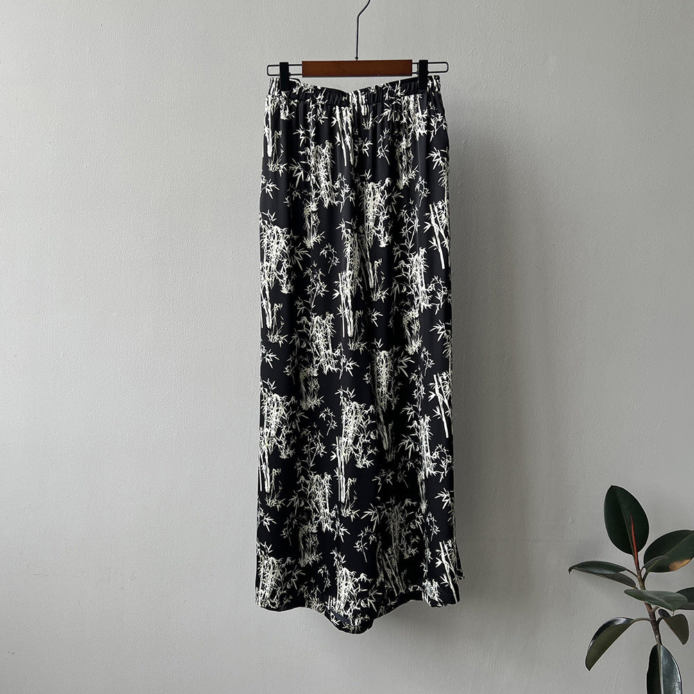 Chinese Traditional Bamboo Floral Print Casual Women Summer Straight Drooping Wide Leg Pants