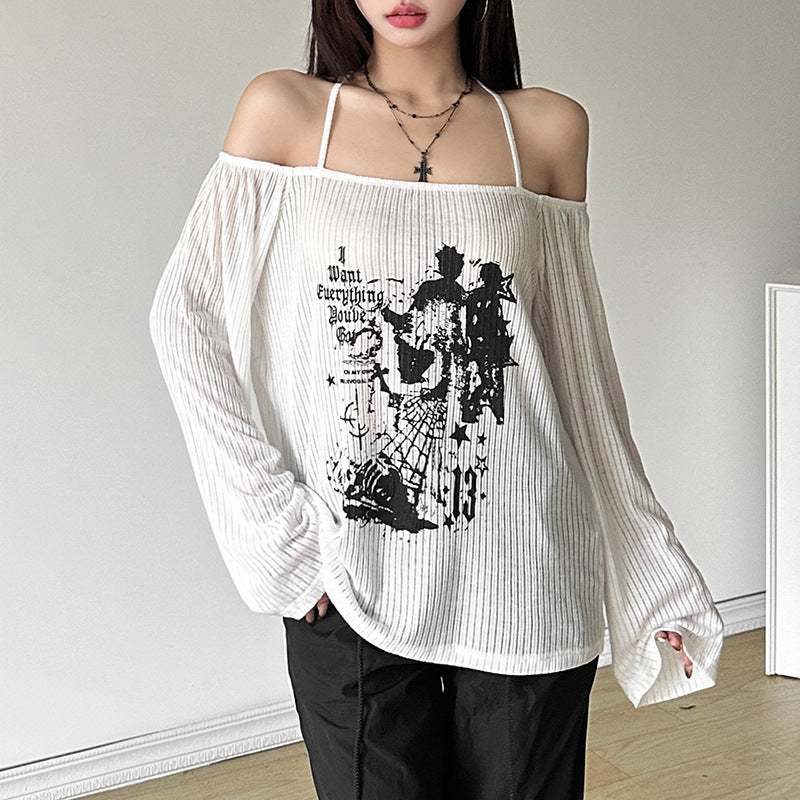 Summer Women Clothing Sexy Personality Street Floral Print off Shoulder Loose All Match Sheer Top Women