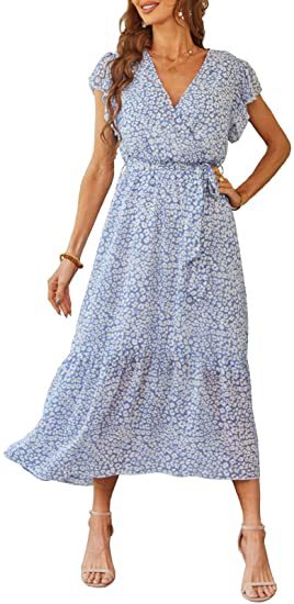 Robe à fleurs pour femmes, col en V, manches courtes