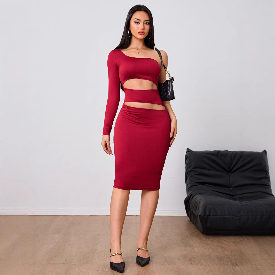 Vestido de mujer color vino tinto estilo socialité para otoño e invierno, vestido midi de manga de un solo lado