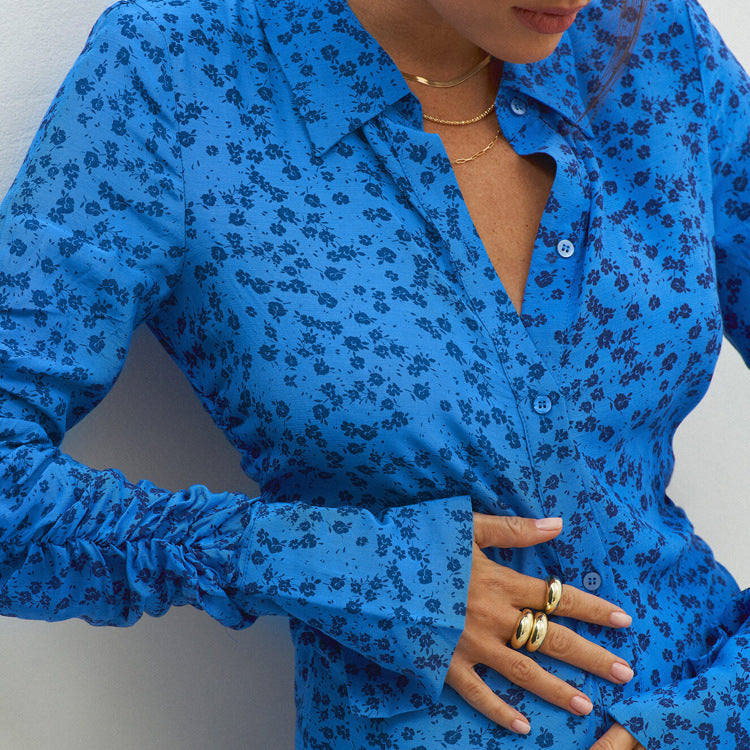 Blue Floral Shirt Dress Women Clothing Collared Bell Sleeve Pleated Design Dress