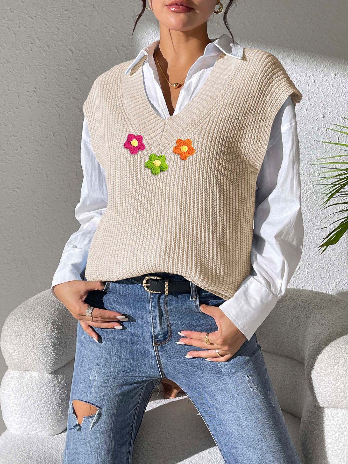 Chaleco de mujer, ropa de mujer, primavera Otoño, cuello en V, chaleco Simple, costura de ganchillo a mano, suéter tejido, chaleco