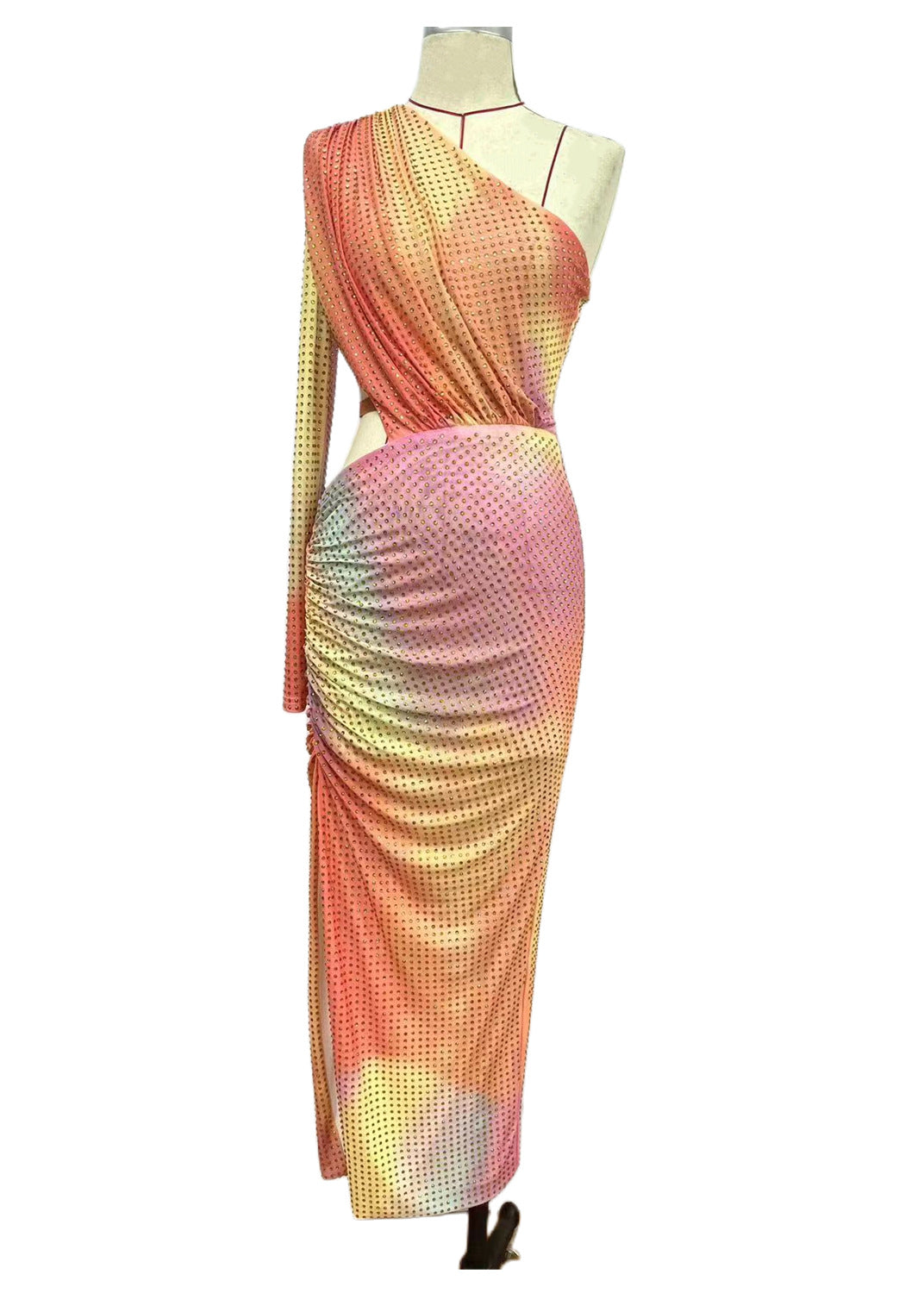 Color Gradient Hot Drilling Sexy One-shoulder Hollow Dress