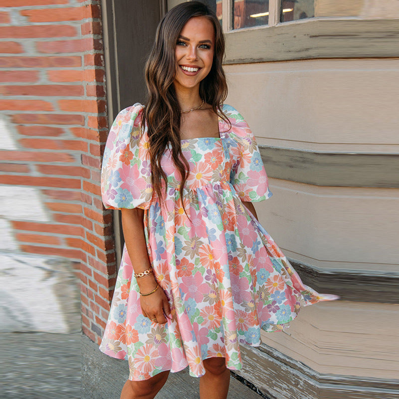 Vestido de verano con estampado floral, sin espalda, de manga corta, para mujer, dulce vestido hasta la rodilla para mujer