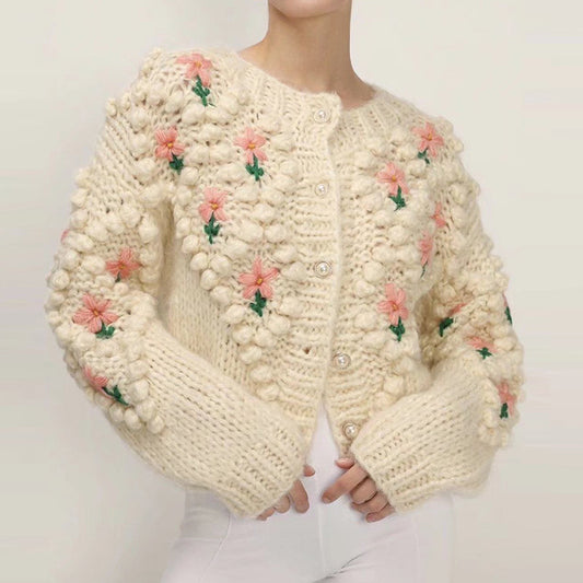 Automne hiver broderie au crochet à la main torsion perle boucle tricoté pull Cardigan manteau