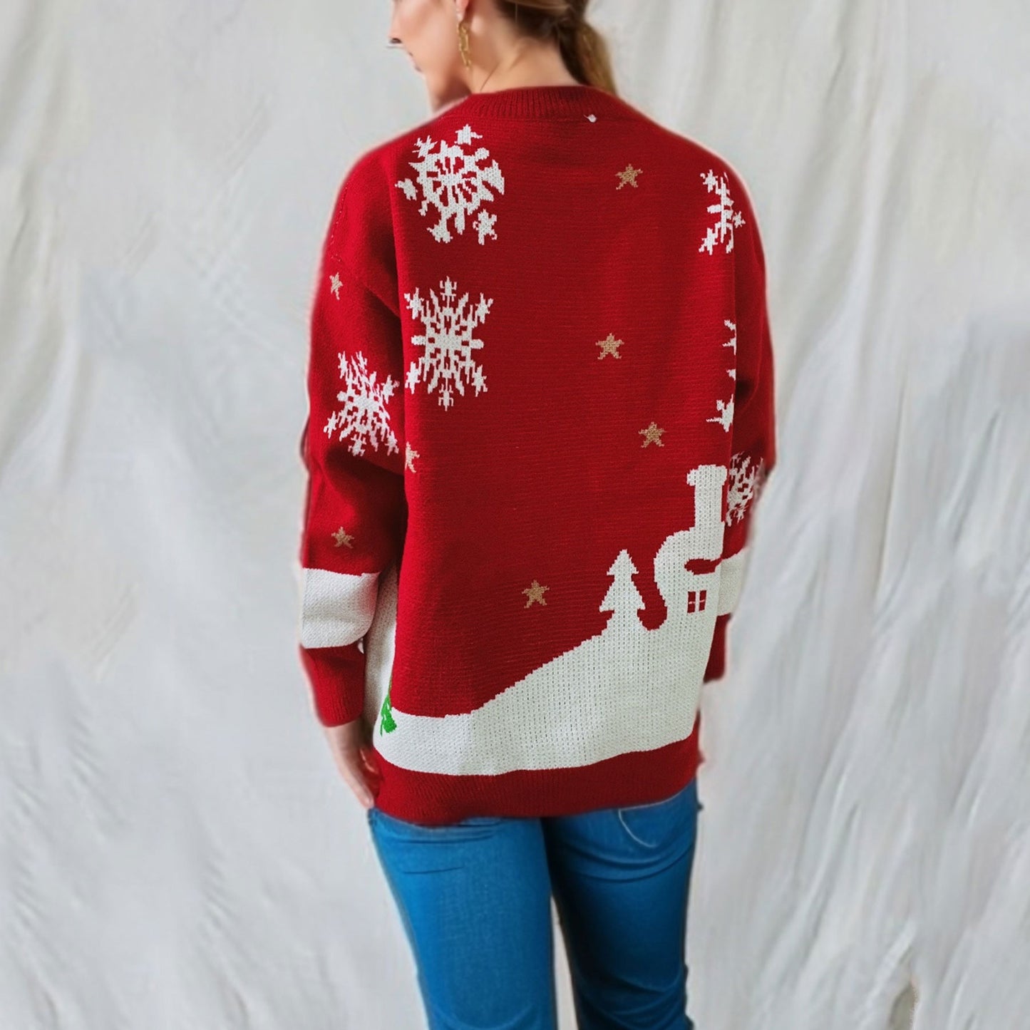 Christmas Main Picture Cute Snowman Pattern Round Neck Long Sleeve Knitted Pullover Year Sweater