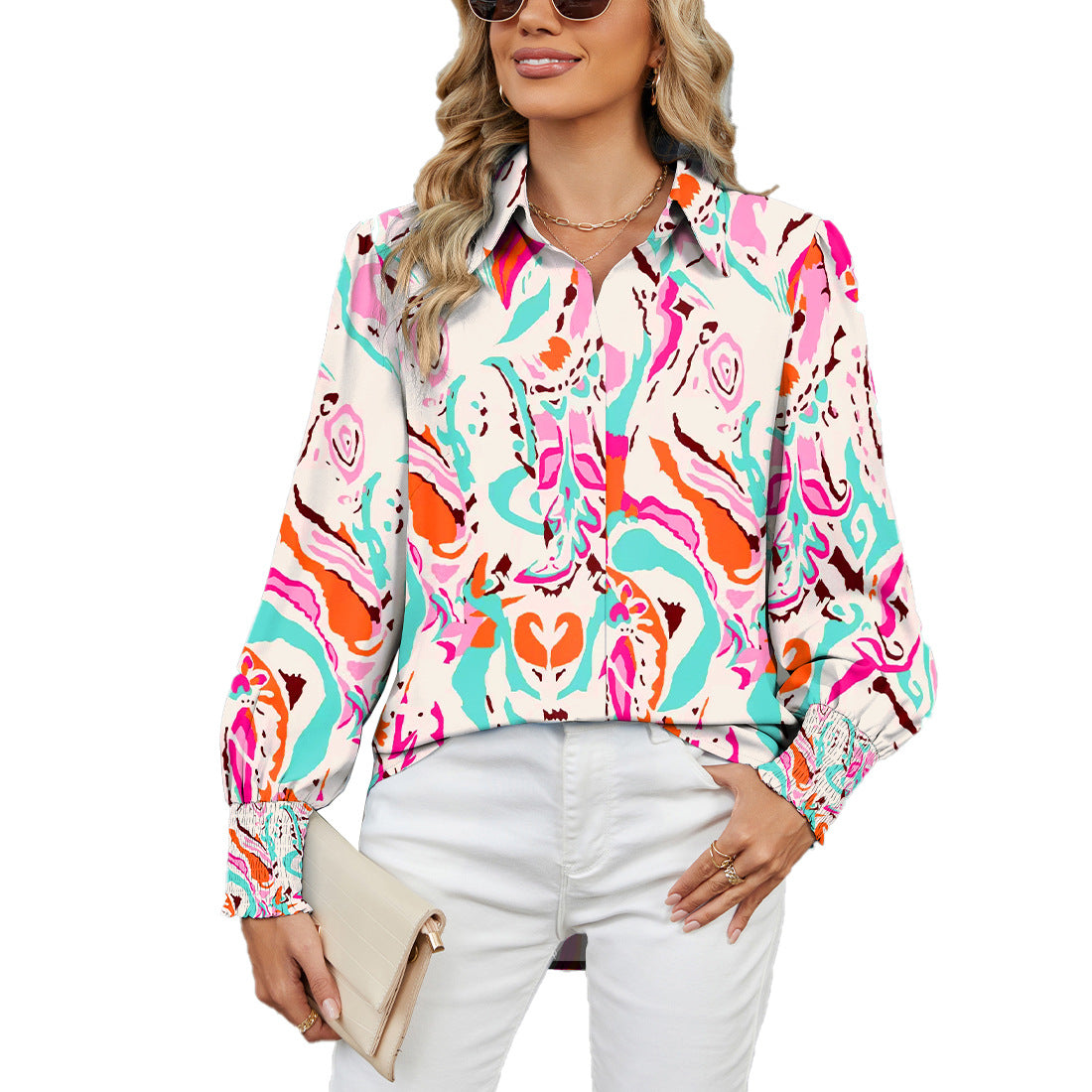 Camisa holgada con estampado de manga larga y cuello tipo Polo para otoño e invierno, camisa para mujer