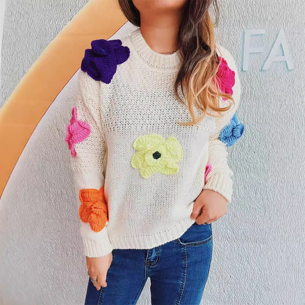 Autumn Winter Cute Sweet Tridimensional Hand Crochet Floral Candy Color Short Sweater Pullover