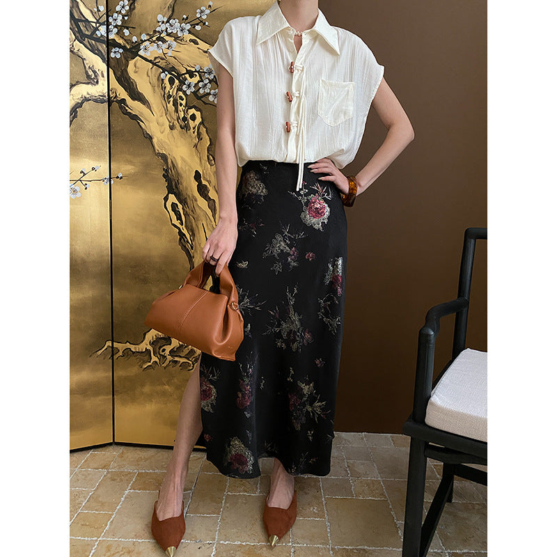 Chinese Butterfly Bronzing Printed High Waist Figure Flattering Side Slit Fishtail Skirt