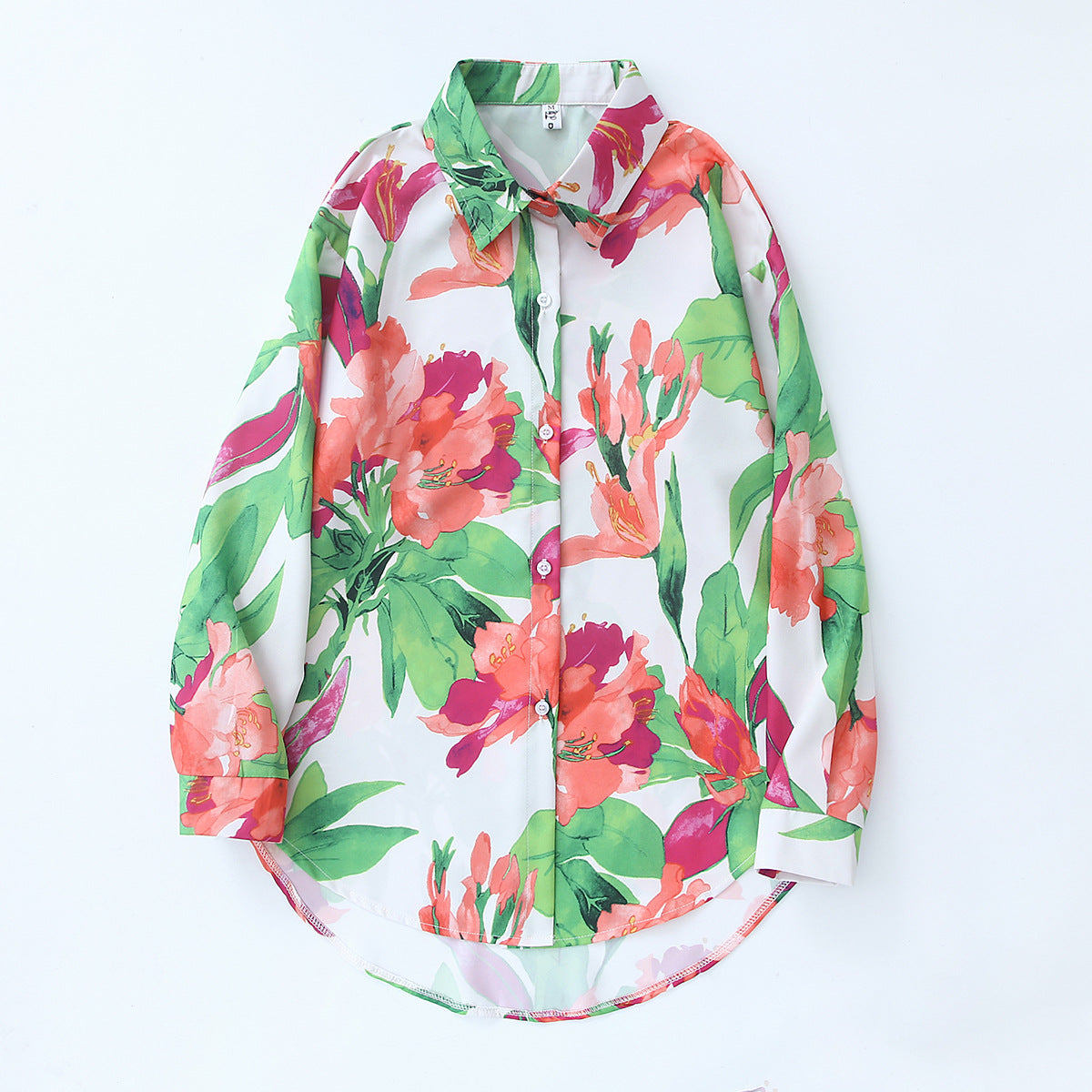 Camisa larga de cuello holgado con estampado floral y mangas largas para mujer