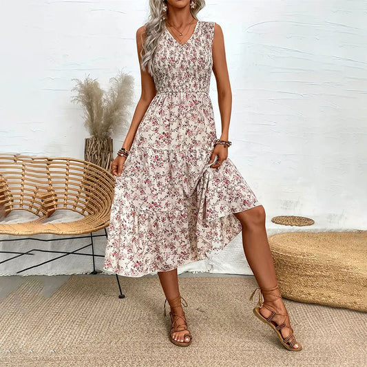 Vestido largo sin mangas ajustado con volantes y estampado Floral para mujer, vestido largo con gradas de diseño para primavera y verano, sin cinturón