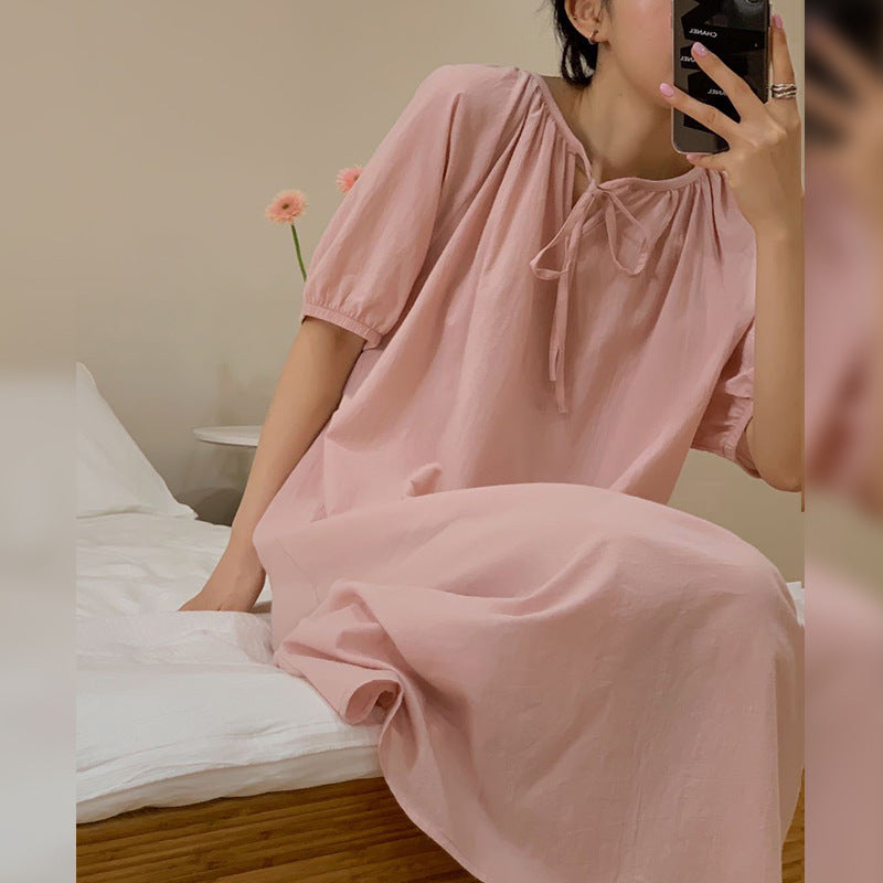 Chic Korean Short Sleeve Dress Cotton Lace Up Design Puff Sleeve Cute Home Wear Can Be Worn Outside