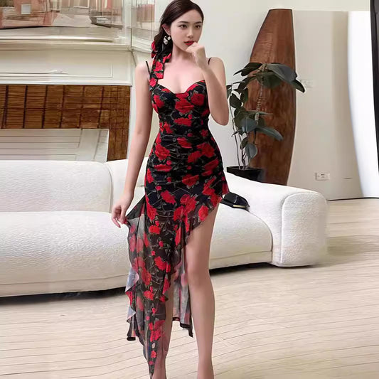 Slim Fit Ruffled Floral Split Dress Women