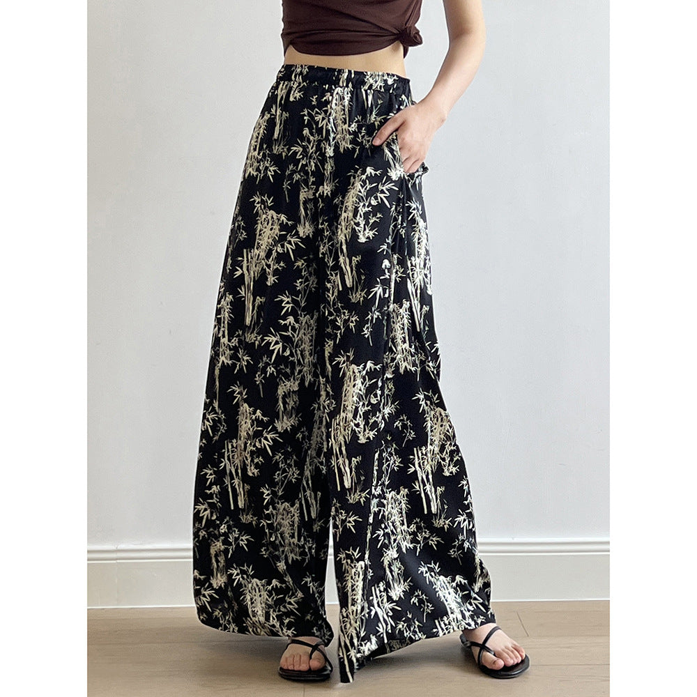 Chinese Traditional Bamboo Floral Print Casual Women Summer Straight Drooping Wide Leg Pants