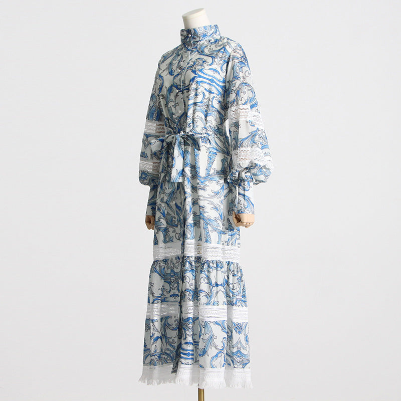 Robe française rétro bleue imprimée, col montant, manches longues, taille à lacets, amincissante, Maxi, printemps