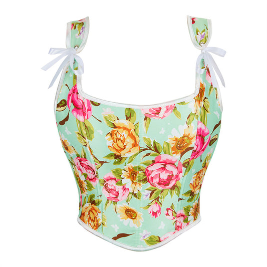 Haut tubulaire réglable à double bretelle et motif floral vert pour femme, soutien de la poitrine, haut moulant