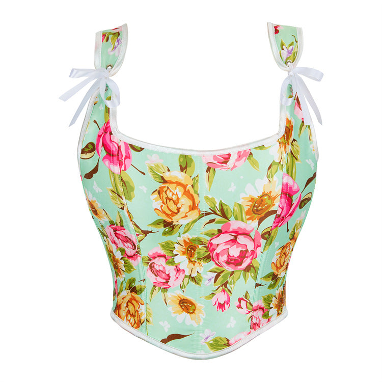 Green Floral Pattern Double Shoulder Strap Adjustable Women Tube Top Chest Support Court Body Shaping Top