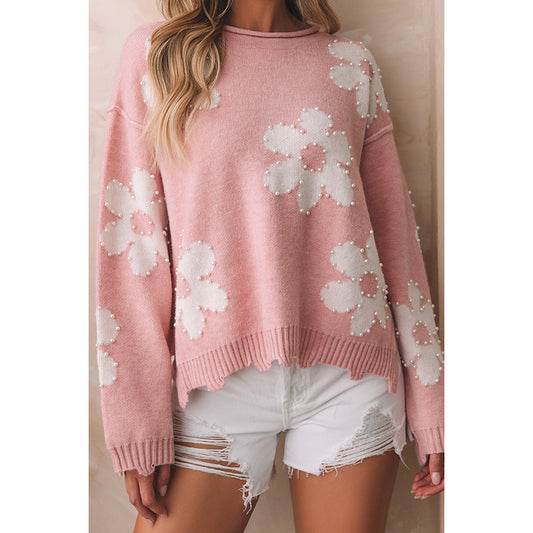 Autumn Winter Drop Shoulder Long Sleeve Top Women Sweet erted Beads Printed Sweater Women