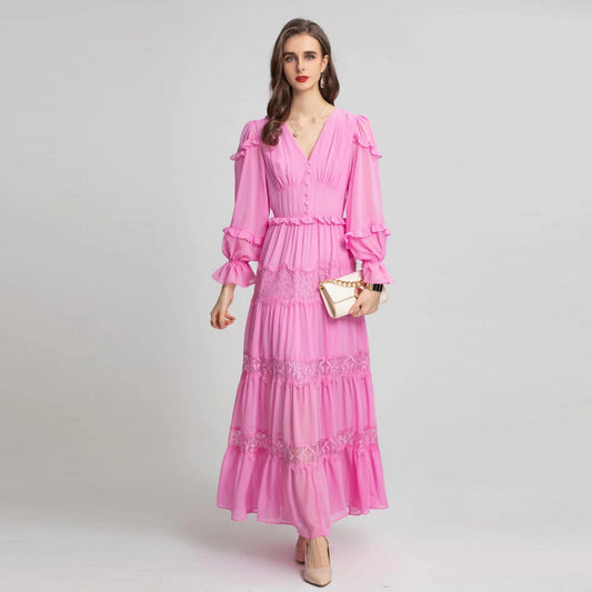 Layered Big Swing Chiffon Lace Long Sleeve Dress