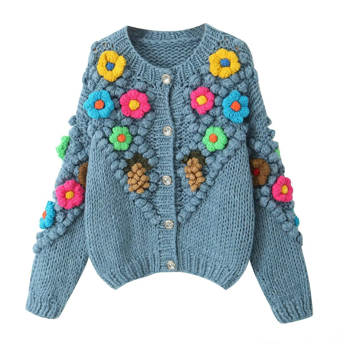 Jersey de manga larga con cuello redondo y decoración Floral hecho a mano para mujer, suéter holgado informal de otoño e invierno