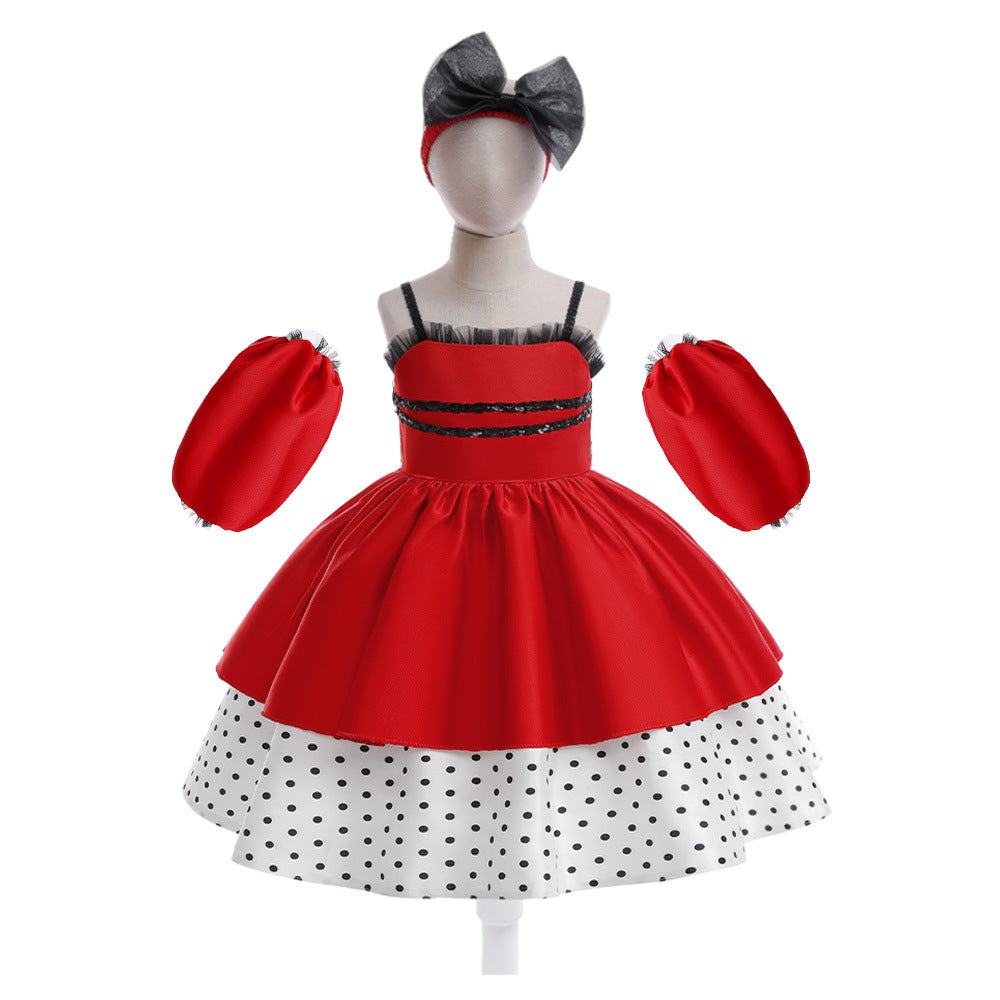 Costumes de robe à pois à coutures rouges pour filles