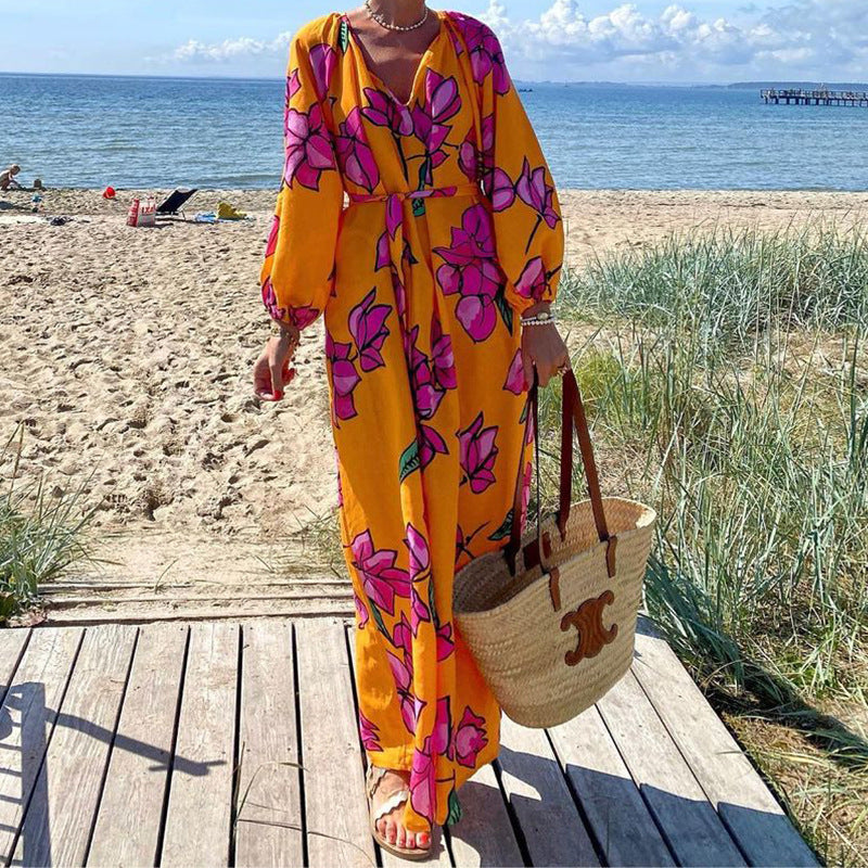 Vestido de playa informal para vacaciones con cuello en V estampado para mujer de otoño y primavera