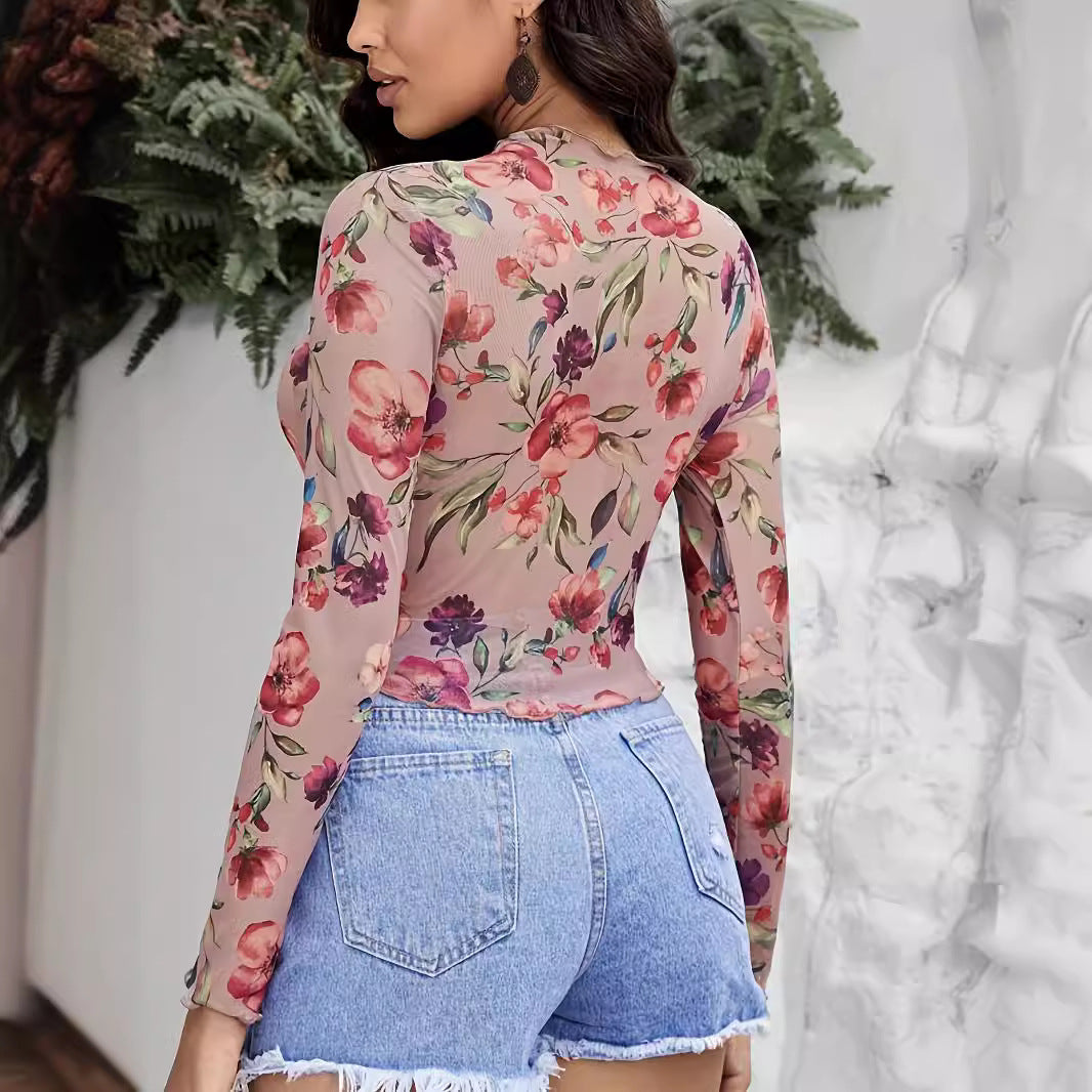 Autumn Winter Elegant Mesh Floral Print Fungus Long Sleeve T Shirt Slimming Top Women