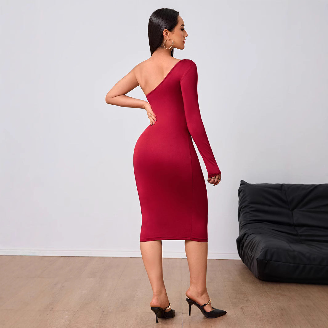 Vestido de mujer color vino tinto estilo socialité para otoño e invierno, vestido midi de manga de un solo lado