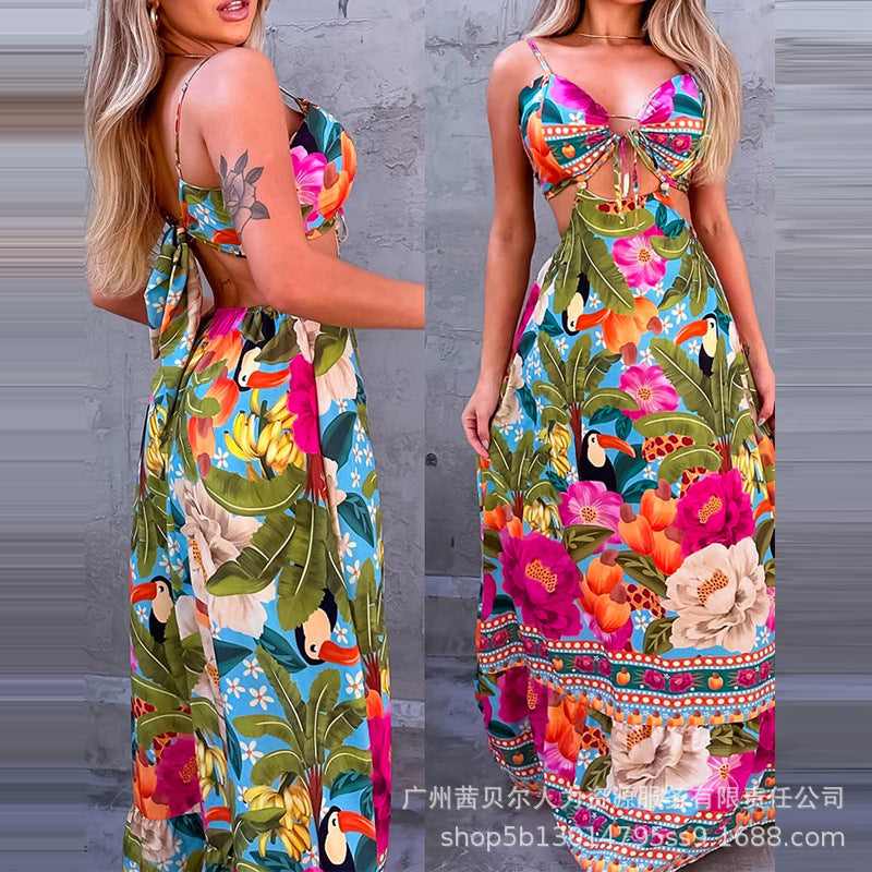 Robe midi à imprimé floral et imprimé tropical