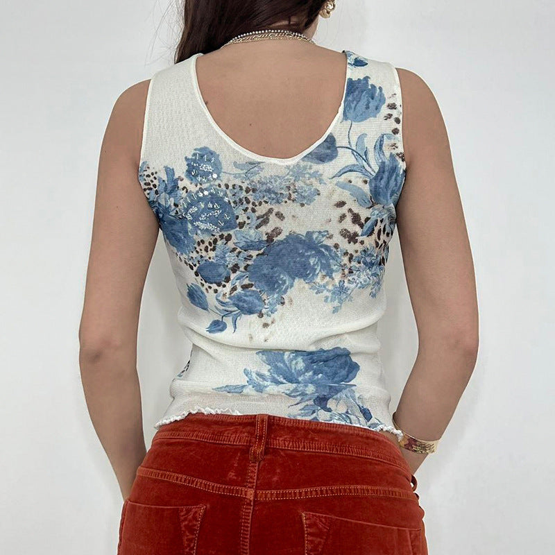 Chinese Ink Printing Turtleneck Grenadine Semi Transparent Sleeveless Vest Sexy U Collar Backless Design Light Top