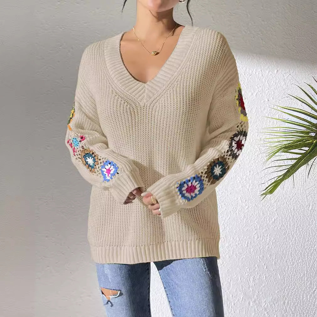 Autumn Winter Women Clothing Random Mixed Color Hand Hook Floral Stitching V Neck Pullover Sweater