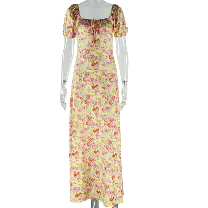 Robe à col carré imprimée, poitrine enveloppée, manches bouffantes, pull plissé, taille moyenne, dos nu, robe trapèze pour femmes