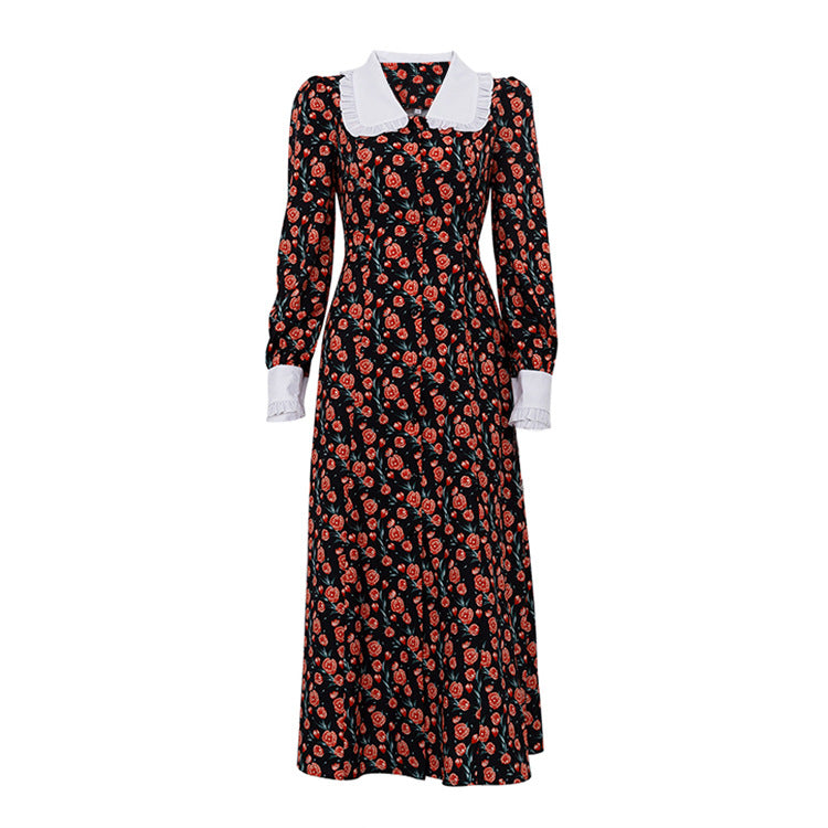 Early Spring Dignified Sense of Design Printed Maxi Dress Doll Collar Waist Slimming Long Sleeve Dress