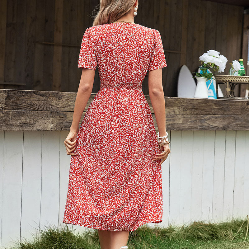 Vestido dividido floral con cuello en V de verano para mujer