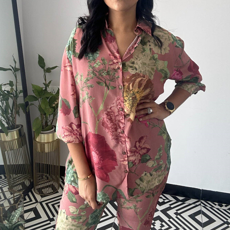 Camisa de mujer Pantalones cortos Conjuntos de dos piezas con estampado floral